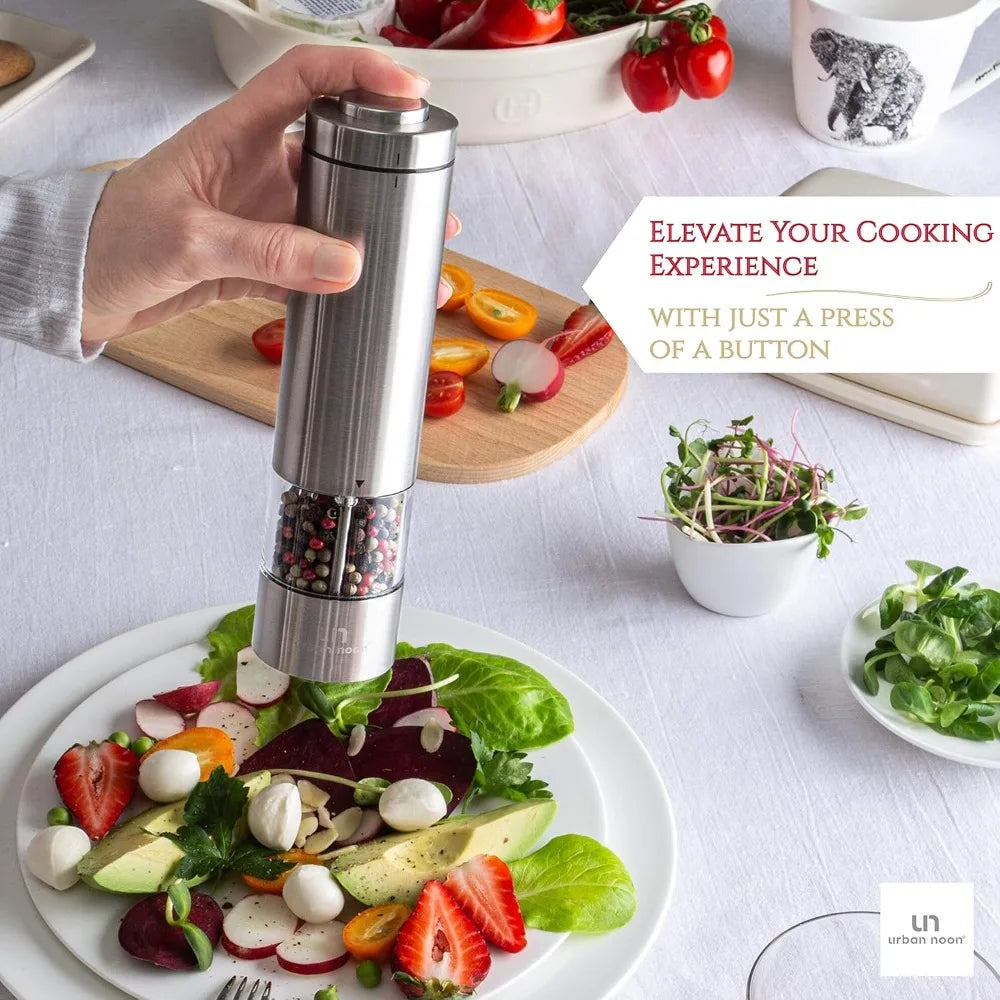 Electric Salt & Pepper Grinder - Battery Operated, Stainless Steel, One Handed, Adjustable, Ceramic Grinder with Light
