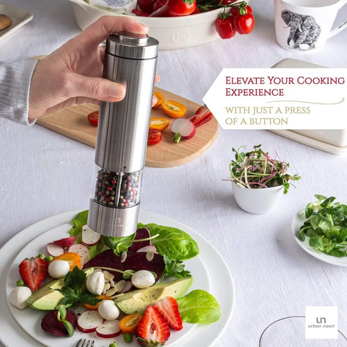 Electric Salt & Pepper Grinder - Battery Operated, Stainless Steel, One Handed, Adjustable, Ceramic Grinder with Light