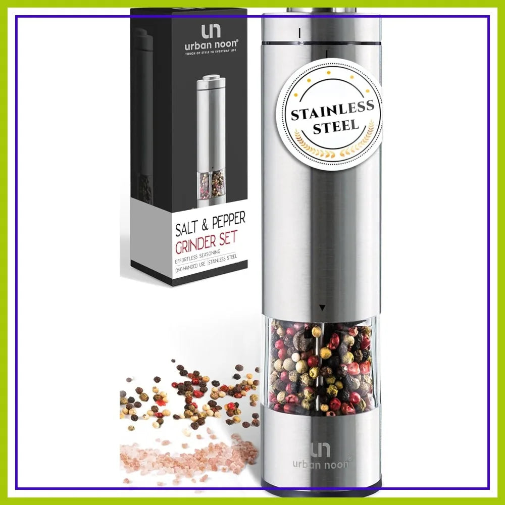 Electric Salt & Pepper Grinder - Battery Operated, Stainless Steel, One Handed, Adjustable, Ceramic Grinder with Light