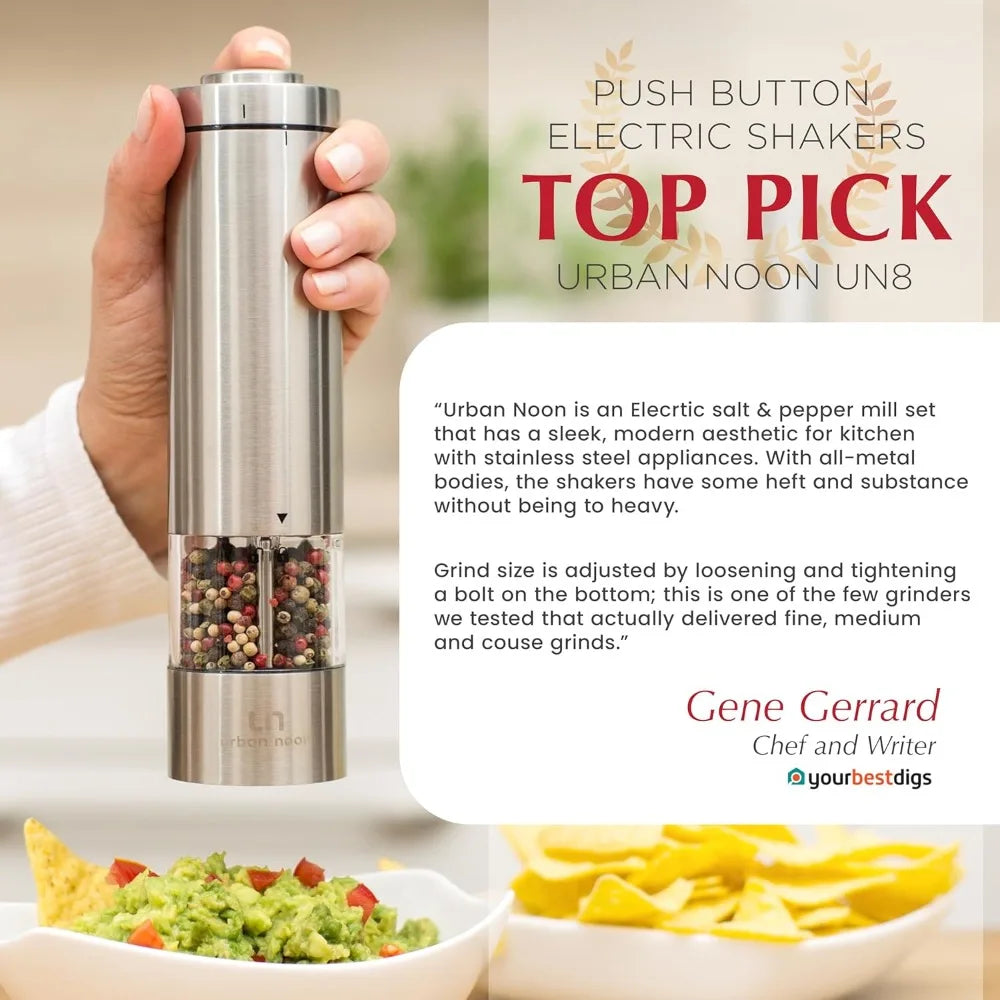 Electric Salt & Pepper Grinder - Battery Operated, Stainless Steel, One Handed, Adjustable, Ceramic Grinder with Light